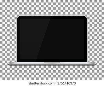 Laptop with screen. Mockup of computer isolated on transparent background. Blank black monitor of notebook. Open modern desktop of pc with keyboard. Realistic silver template in front view. Vector.