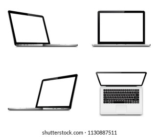 Laptop screen mockup with perspective, top and front view. Set of vector laptops with blank screen isolated on white background.