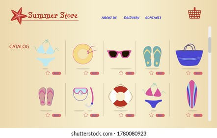 laptop screen with an online store of beach equipment and uniforms for surfing and sea recreation. Flat illustration of the site with products and their delivery to the buyer s home. A smartphone app