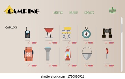 Laptop-Bildschirm mit Online-Shop für Camping- und Bergsteigerausrüstung. Flache Illustration der Website mit Produkten und deren Lieferung an den Käufer zu Hause. Eine Smartphone-App oder -Website, die