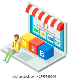 Laptop screen with online store, discount, b2b marketplace. Man working at computer, sale of goods and services. Person sits at large computer next to colored cubes. Guy analyzes data for business