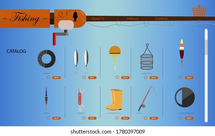 laptop screen with an online store for fishing and fishing equipment. Flat illustration of the site with products and their delivery to the buyer s home. A smartphone app or website selling everything