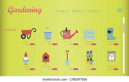 laptop screen with an online store of gardening and garden equipment. Flat illustration of the site with products and their delivery to the buyer s home. An app or website selling everything for home