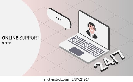 Laptop Screen With Online Support Web Chat On Screen Over Gray Background. Virtual Assistant Concept. Vector Illustration