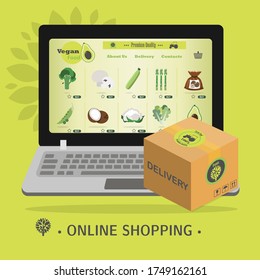 laptop screen with an online vegan store that sells vegetarian food. Flat illustration of site with products for delivery to the buyer's home. A smartphone app or website selling everything for
