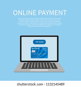 Laptop screen with "Pay now" button and credit card. Online payment or shopping vector illustration. Pay per click concept. Easy to edit design template for your projects.