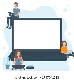 Laptop screen with people studying, working from home office. Comfortable workplace, self employed, remote working and online education concept. Flat vector illustration. Copy space for text. 