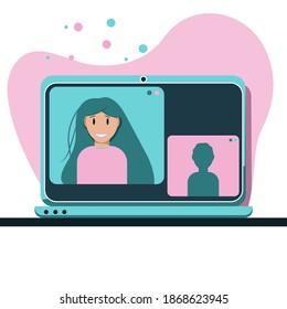 Laptop screen with people talking, video conference, online education lesson. Remote work concept illustration. Friends, colleagues livestream. E-learning. Flat isolated vector. Multi chat 