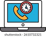 A laptop screen with a phone and a clock on it. The phone is on the left side of the screen and the clock is on the right side
