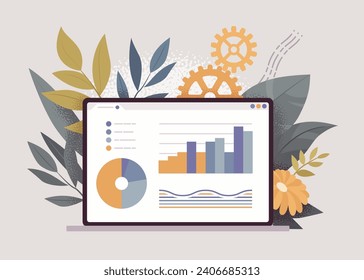 Laptop screen, pie chart statistics representation, financial graphs display. Computer program page presenting data visualization for reporting. Vector illustration, botanical leaf, gear background