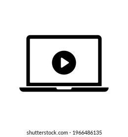 Laptop screen with play icon in flat style. Play sign. Video player template. Vector illustration.