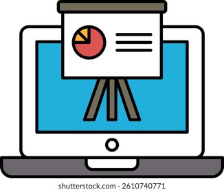 A laptop screen with a presentation slide on it. The slide has a pie chart on it