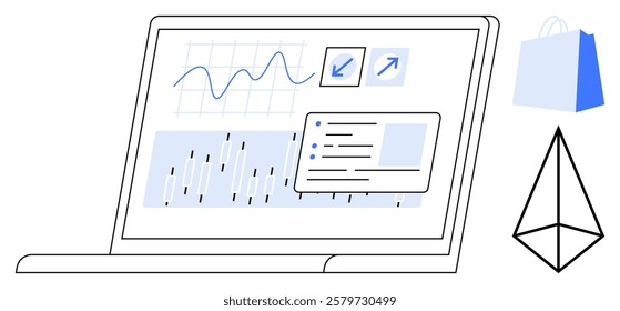 Laptop screen presents various charts and analytics. Ideal for business, data analysis, e-commerce, market research, and technology themes. Clean and modern vector style