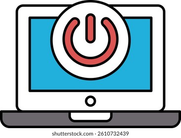 A laptop screen with a red button in the center. The button is labeled "Power" and is surrounded by a white circle. Concept of urgency and importance