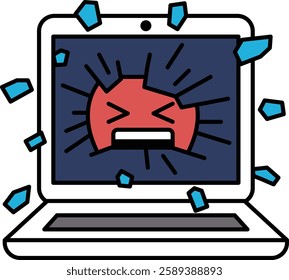 A laptop screen with a red face and a red circle with a black line through it. The laptop screen is shattered and the laptop is broken