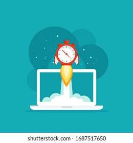 laptop screen with red stopwatch rocket ship flying out. workplace on blue background. freelancer, designer, writer job. Vector flat illustration. Fast time stop watch, limited offer, deadline symbol.