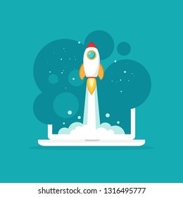 laptop screen with rocket or shuttle flying out. workplace on blue background. freelancer, designer, writer job. Vector flat illustration. Creative work or study. Imagination, inspiration, Fantasy. 