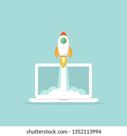 laptop screen with rocket or shuttle flying out. workplace on blue background. freelancer, designer, writer job. Vector flat illustration. Creative work or study. Imagination, inspiration, Fantasy. 