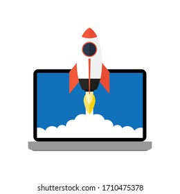 laptop screen with rocket or shuttle flying out. workplace on blue background. freelancer, designer, writer job. Vector flat illustration. Creative work or study. Imagination, inspiration, Fantasy.