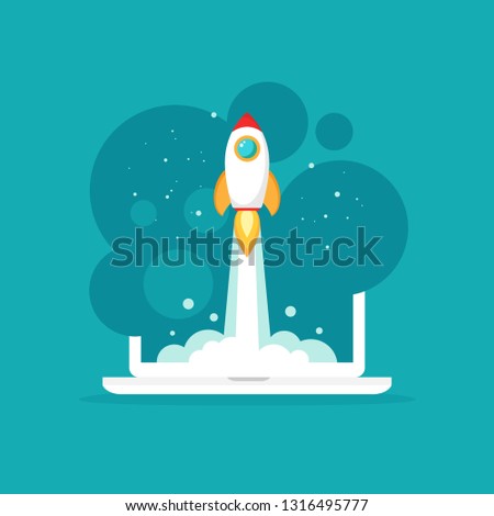 laptop screen with rocket or shuttle flying out. workplace on blue background. freelancer, designer, writer job. Vector flat illustration. Creative work or study. Imagination, inspiration, Fantasy. 