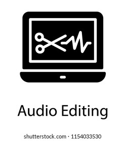 
Laptop screen with scissors cutting lifeline, audio editing concept  
