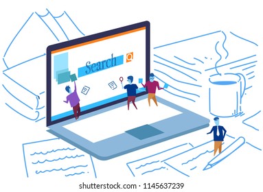 laptop screen Seo search engine optimization people working together monitoring using magnifier global internet searching concept sketch doodle horizontal vector illustration