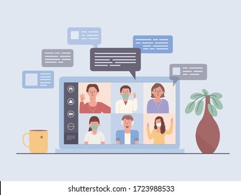Laptop screen show a video conference of a business team. People Meeting online via the internet. Illustration about the new normal and new behavior of work at home.