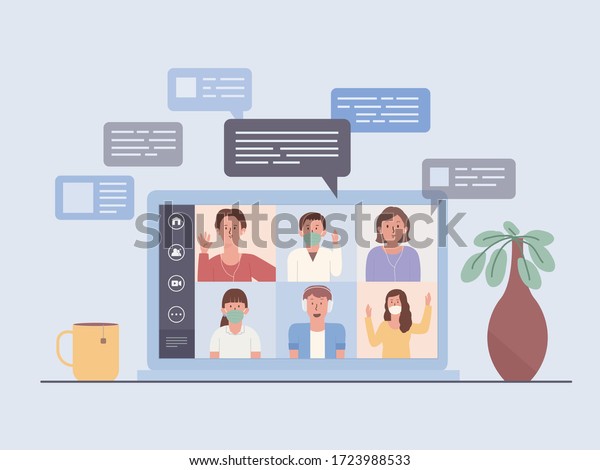 Laptop screen show a video\
conference of a business team. People Meeting online via the\
internet. Illustration about the new normal and new behavior of\
work at home.