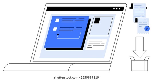 Laptop screen showcasing an online document management system. Nearby, documents and an arrow to a box signify downloading and organization. Ideal for digital solutions, office productivity, online