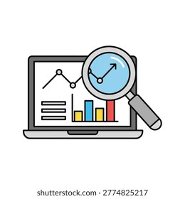 Laptop screen showing business analytics with magnifying glass zoom on upward trend chart Vector