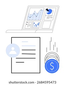 Tela de laptop mostrando gráficos de dados, documento de perfil e moedas. Ideal para finanças, gerenciamento pessoal, análise de dados, crescimento de negócios, desenvolvimento de carreira on-line perfis de renda. Metáfora de linha