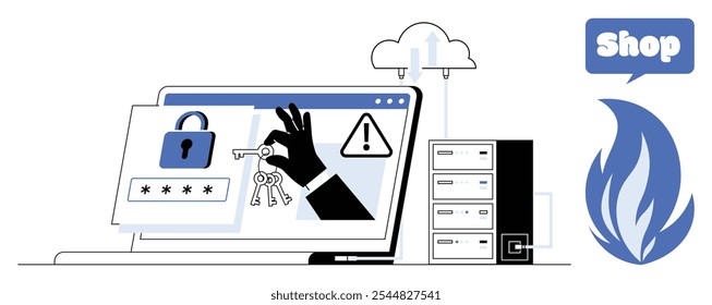 Laptop screen showing a hand holding keys, lock icon and warning symbol with server rack and cloud. Ideal for cybersecurity, data protection, cloud computing, e-commerce security, and online threats