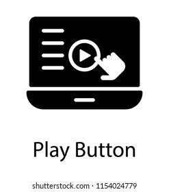 
A laptop screen showing play button and hand touching it with index finger 
