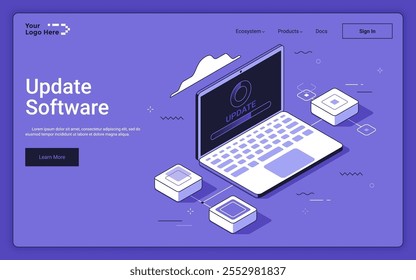Pantalla de la computadora portátil que muestra el relleno de la barra de progreso sobre fondo púrpura. Plantilla isométrica de la página de destino del software Actualizar. Descargando Mejorar de sistemas informáticos Ilustración vectorial 3d para la página de Web