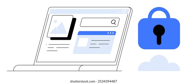 Laptop screen showing search window and webpage with blue lock and cloud. Ideal for online security, cybersecurity, data protection, web browsing, secure internet. Simple and modern style