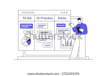 Laptop screen showing to-do list with tasks, processes, and completions. Concept of business planning, productivity, and organizing notes for effective workflow. Flat Cartoon Vector Illustration, icon Stylish abstract design landing page web
