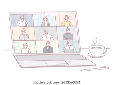 A laptop screen showing a virtual meeting where many participants appear in separate frames on display