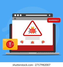 Tela de laptop mostrando avisos de vírus e bugs ideais para sites relacionados à tecnologia, conceitos de segurança cibernética, software de detecção de malware e artigos de reconhecimento de tecnologia.