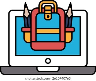 A laptop screen shows a backpack with pencils and pens on it. The backpack is red and blue, and the pencils and pens are scattered around it. Concept of organization and preparedness