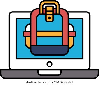 A laptop screen shows a backpack with a strap. The backpack is red, blue, and yellow
