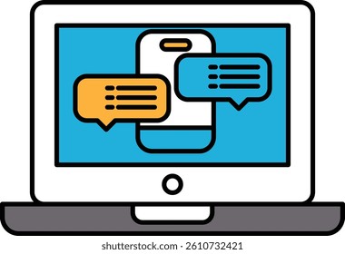 A laptop screen shows a cell phone with a chat window open. The chat window is filled with messages, and the cell phone is positioned in the center of the screen
