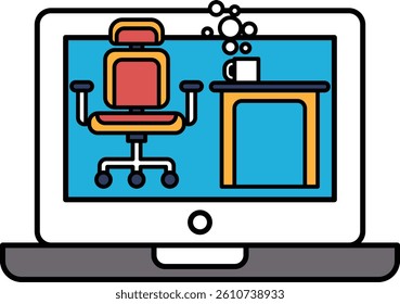 A laptop screen shows a chair and a table with a cup on it. The chair is red and orange, and the table is brown. Concept of a cozy and comfortable workspace