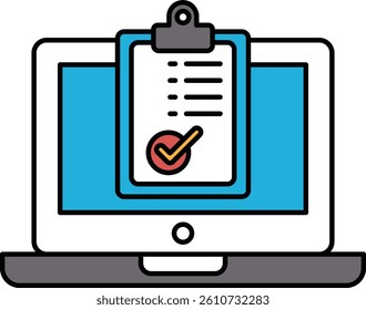 A laptop screen shows a checklist with a red checkmark. Concept of organization and completion, as the checkmark indicates that the task has been completed