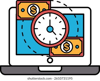 A laptop screen shows a clock with the hands on the numbers 3 and 9. There are two stacks of money on the screen, one on the left and one on the right. The money stacks are in different colors