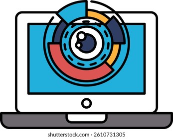 A laptop screen shows a colorful eye with a red, blue, and yellow circle around it. The eye is surrounded by a series of pie charts, which may represent data or information