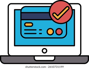A laptop screen shows a credit card with a red check mark on it. The check mark indicates that the card has been approved for use