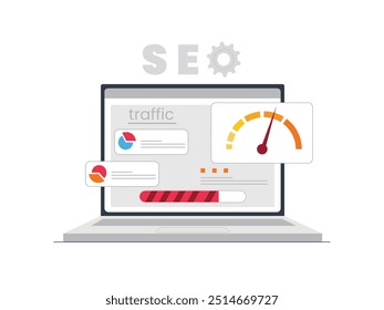 Laptop screen shows data sharing and speed for Search Engine Optimization. Character design. Vector flat illustration