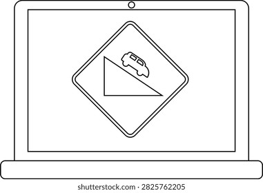 A laptop screen shows a diamond-shaped warning sign depicting a car descending a steep incline, indicating a dangerous road.