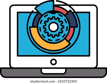 A laptop screen shows a gear with a blue background. The gear is surrounded by a circle and has a yellow and orange section