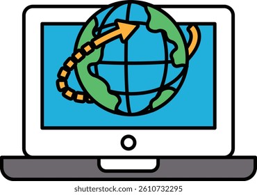 A laptop screen shows a globe with an arrow pointing to the right. The globe is surrounded by a blue circle, and the arrow is green. Concept of travel and exploration, as the arrow suggests movement